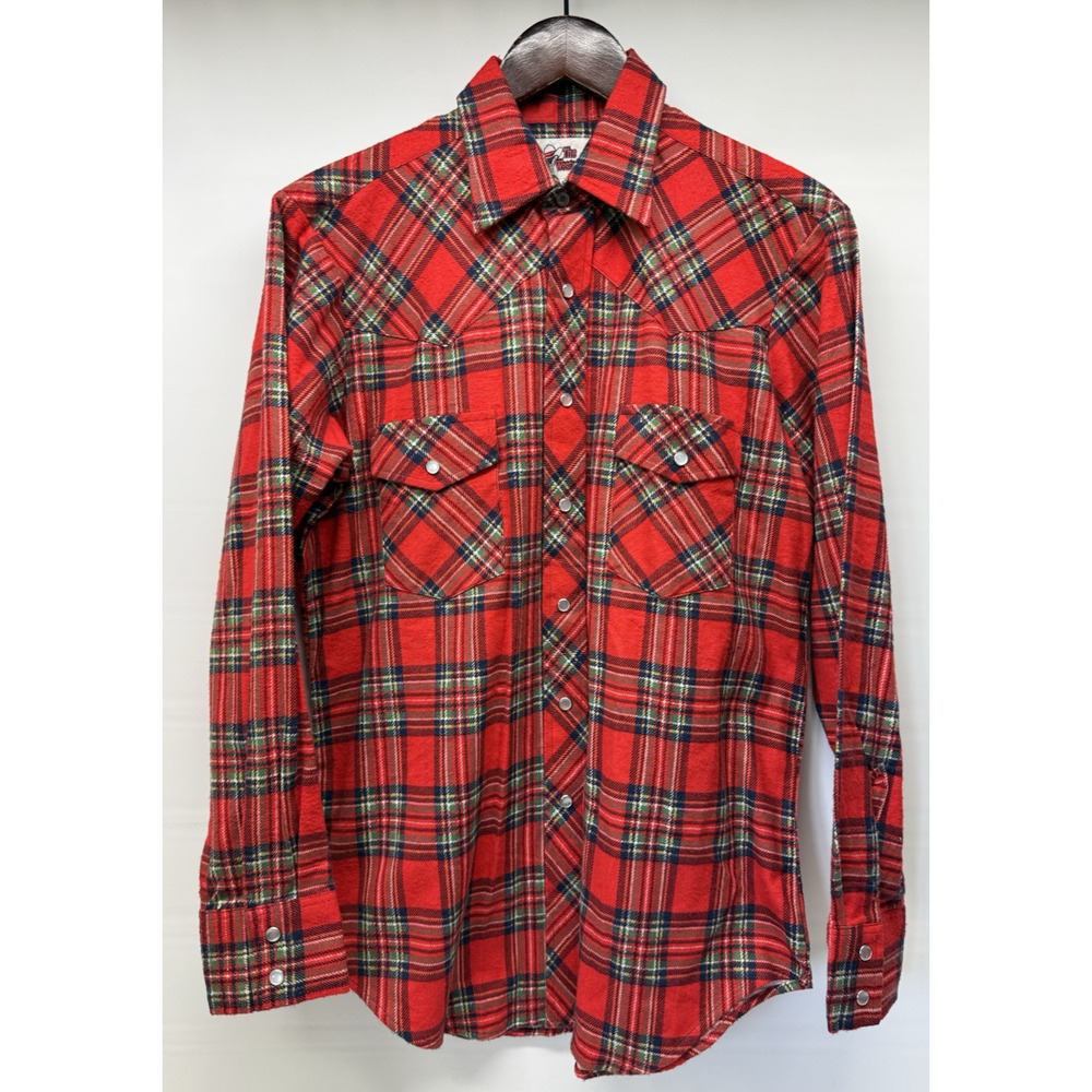 Vintage THE WESTERNER Mens Medium Red Plaid Flannel Pearl Snap Shirt